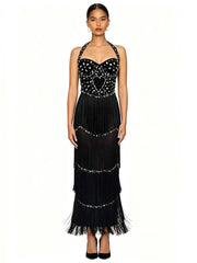 Black beaded halter neck fringe dress