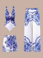 One-Shoulder Swimsuit with Oversized Flower Detail and Matching Printed Sarong Set