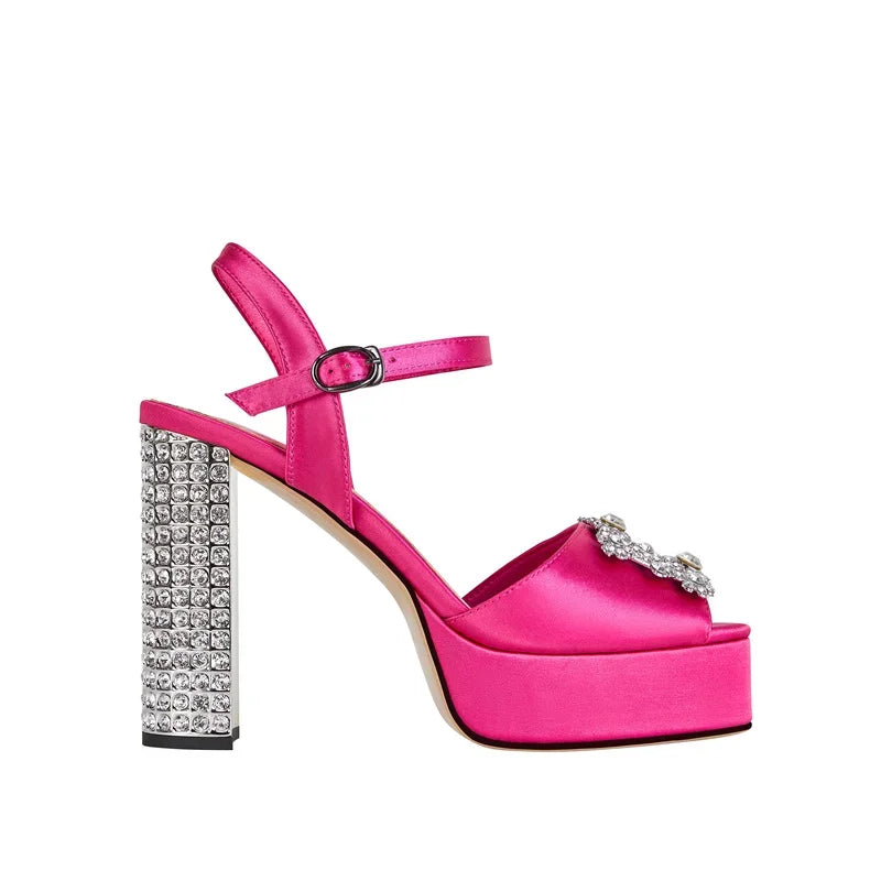 Satin platform sandal with a crystal-embellished block heel