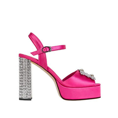 Satin platform sandal with a crystal-embellished block heel