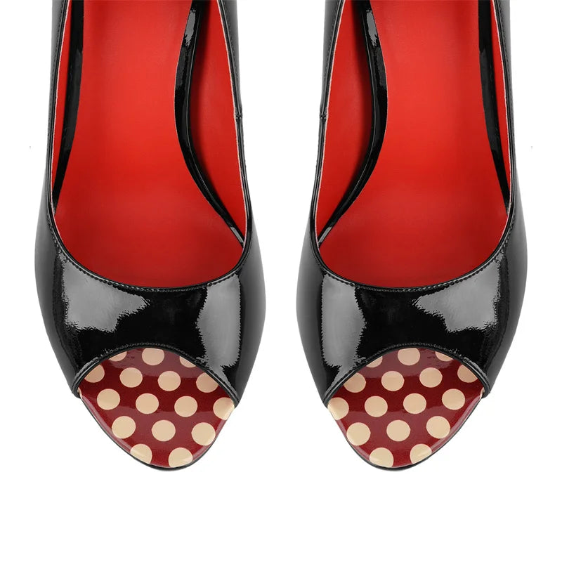 Top view of patent peep toe platform heels with polka dot toe detail