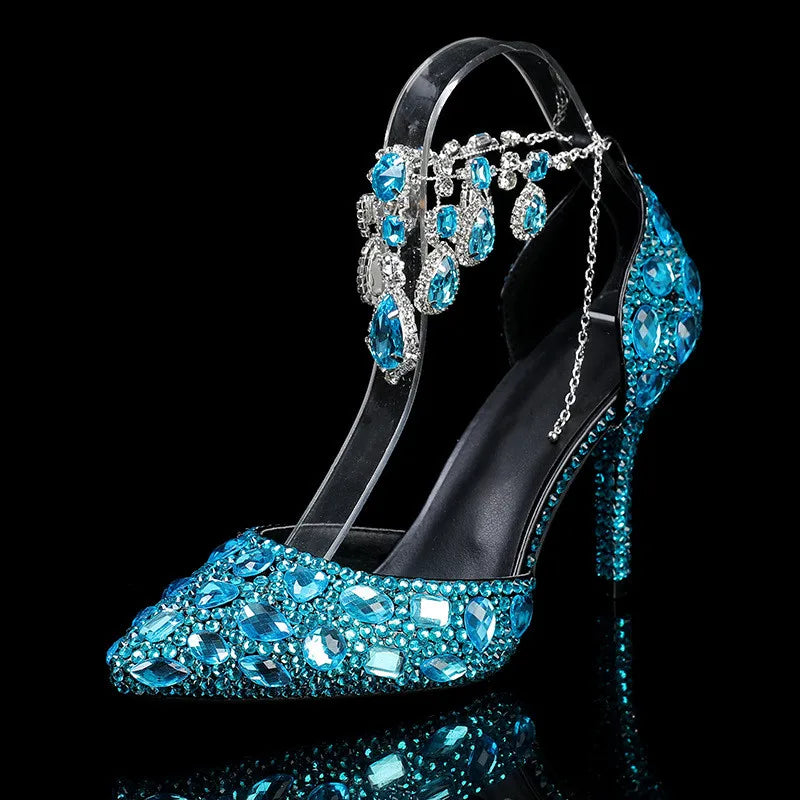 Blue jeweled high-heeled shoe