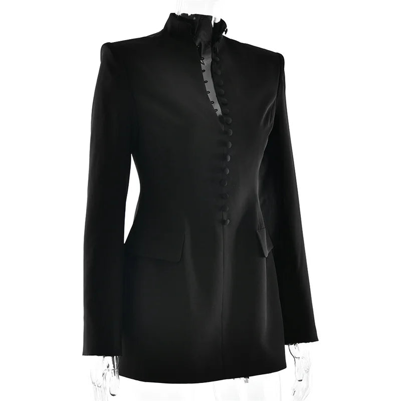 Black coat with button details on a white background