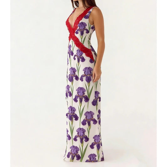Floral print maxi dress with red lace V-neck detail, side view