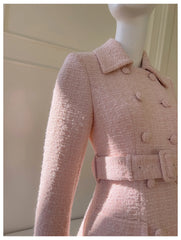 Pink Double Breasted Belted Wool Blend Coat