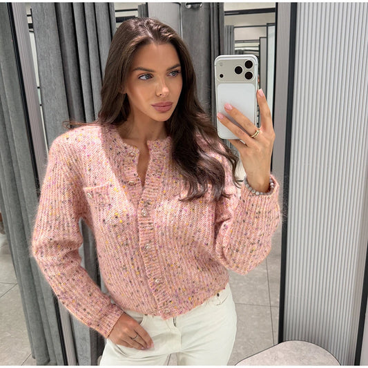 Bouclé button front coat in pink