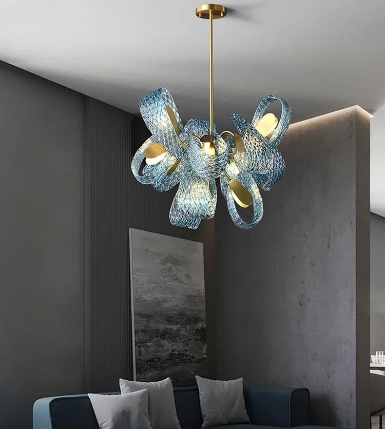 Postmodern Designer Ceiling Chandelier with Blue Glass Fixtures