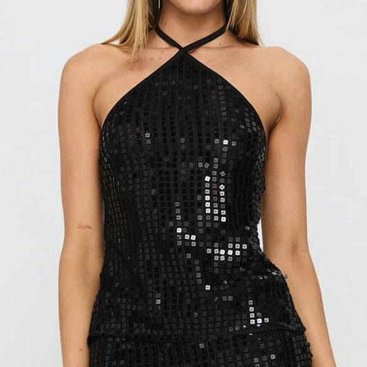 Black sequin halter crop top front view