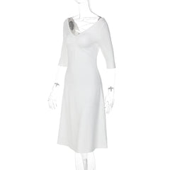 V-Neck Three Quarter Sleeve Backless Tie Up Midi Dress
