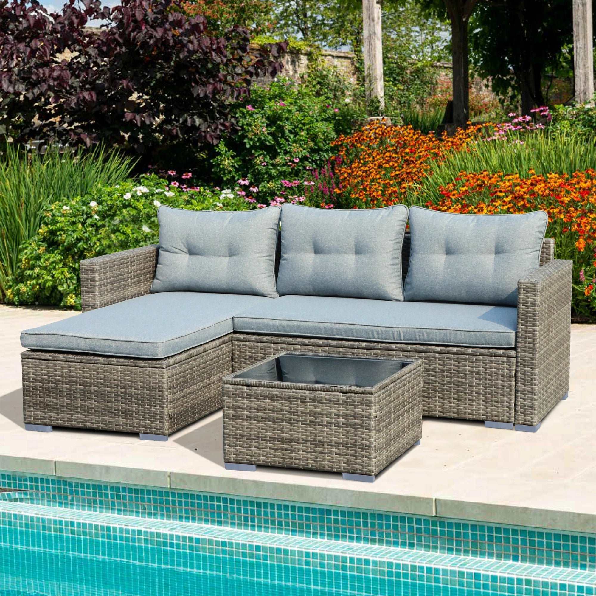 3PCS Outdoor Wicker Rattan Sofa with Cushion Tempered Glass Table