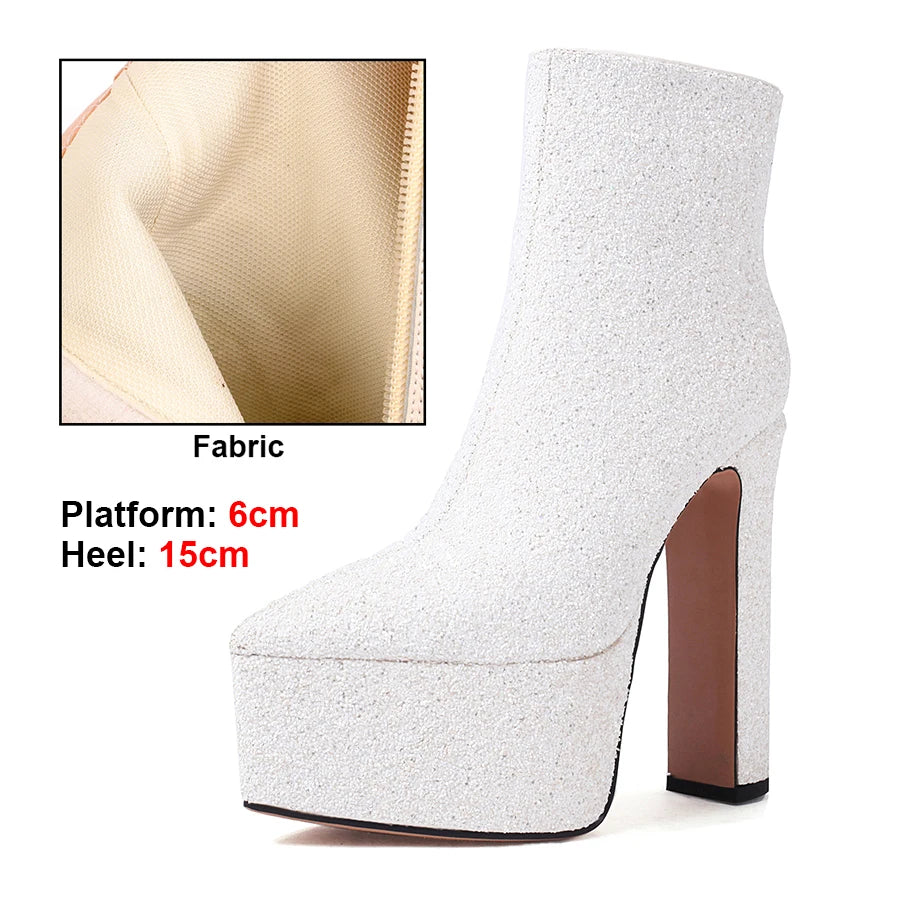 White platform high heel boot with fabric detail and specifications on a white background