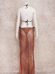 Printed Mesh Maxi Skirt and Bikini Top Swimwear Set