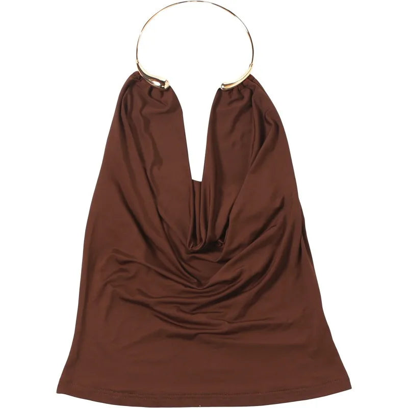 Brown halter top with a gold ring on a white background