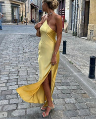 Backless Satin Slant Shoulder Solid Slit Long Dress