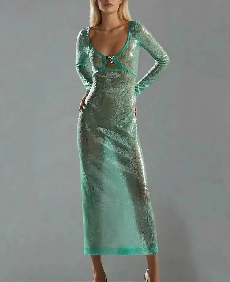 Sequin V-neck Long Sleeve Maxi Dress