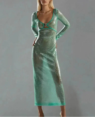 Sequin V-neck Long Sleeve Maxi Dress
