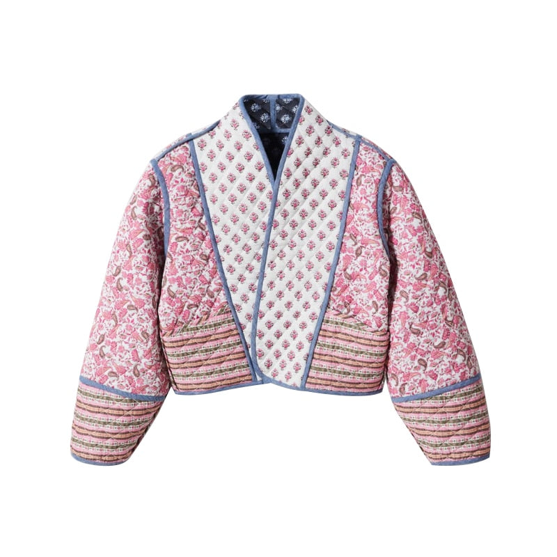 Floral Patchwork Bomber Jacket Thick Warm Stand Collar Short Coat