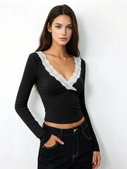 Lace Trim V-Neck Long Sleeve Top