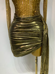 Sequin Sheer Long Sleeve Turtleneck Metallic Draped Mini Dress