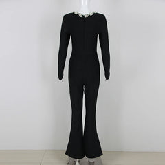 Black Square Neck Diamond High Waist Wide Leg jumpsuit