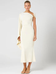 Cream one shoulder midi dress with metal buckle