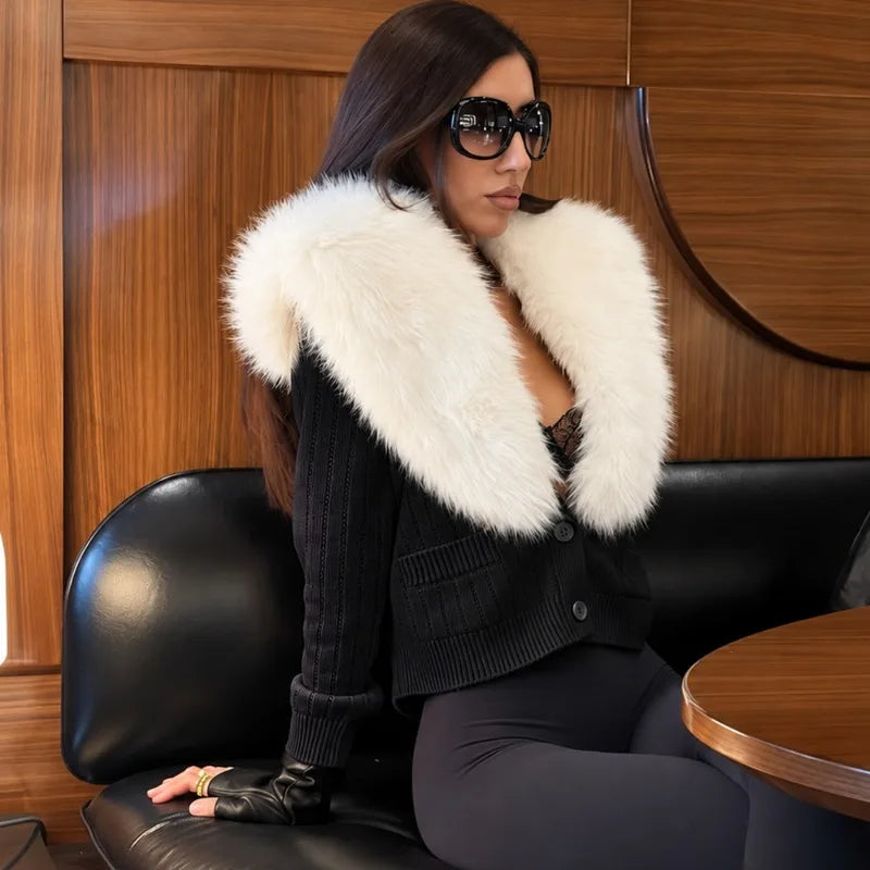 Black faux fur trimmed cardigan coat