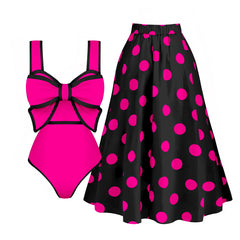 Bow Detail Polka Dot Tankini Swimsuit with Skirt