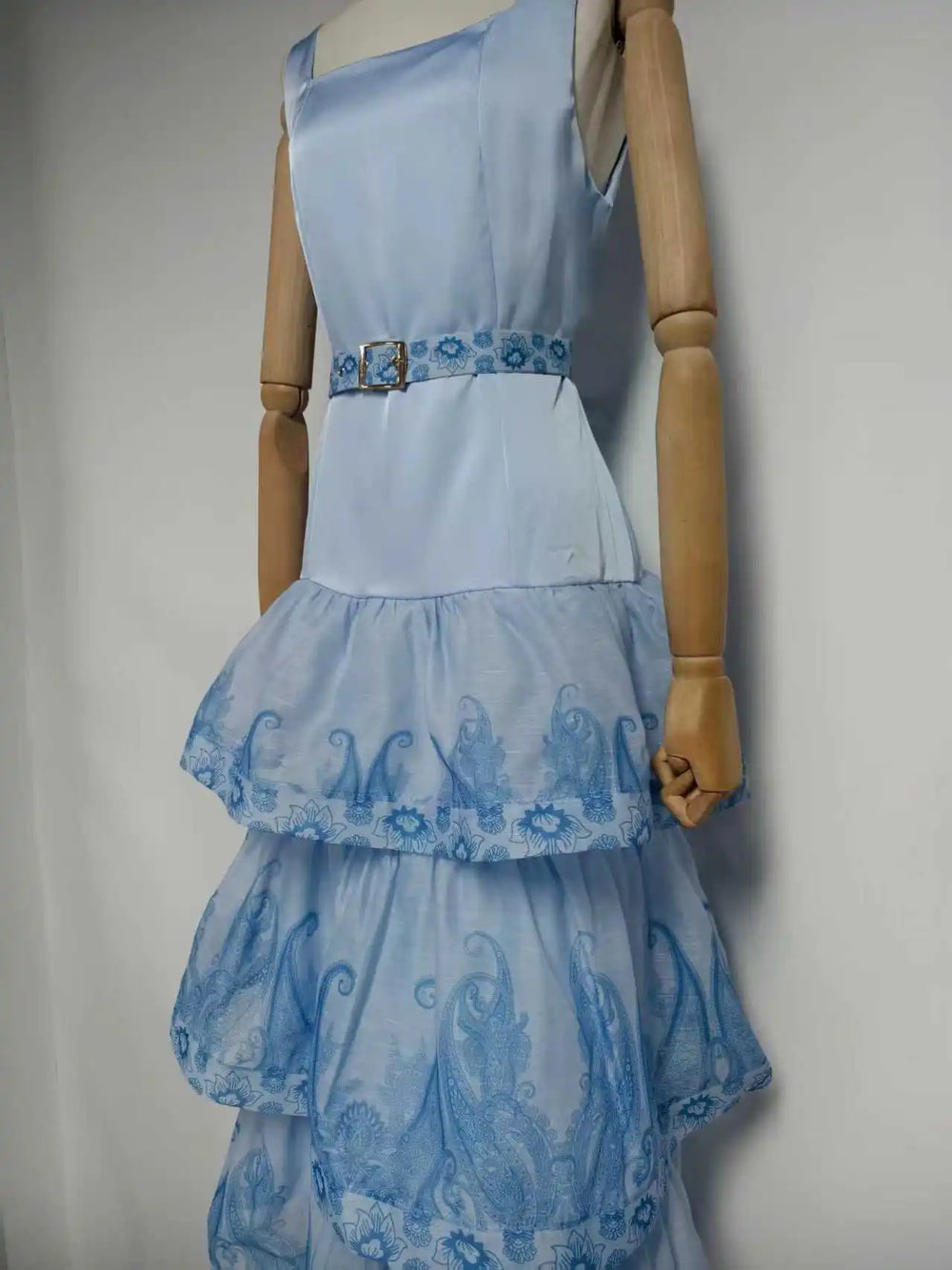 Detail of Paisley Square Neck Belted Maxi Dress tiered skirt