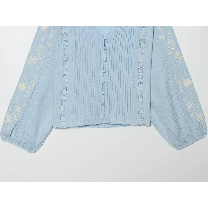 Front detail of Embroidered V-Neck Pleated Blouse sleeves