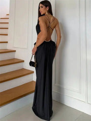 Halter Neck Chain Strap Cut Out Draped Maxi Dress