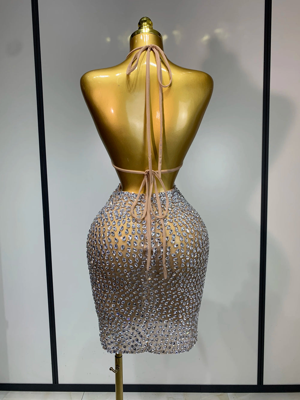 V-Neck Sleeveless Crystal Embellished Bodycon Mini Dress Back View