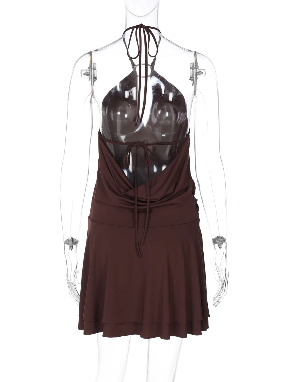 Brown dress on a transparent mannequin against a white background