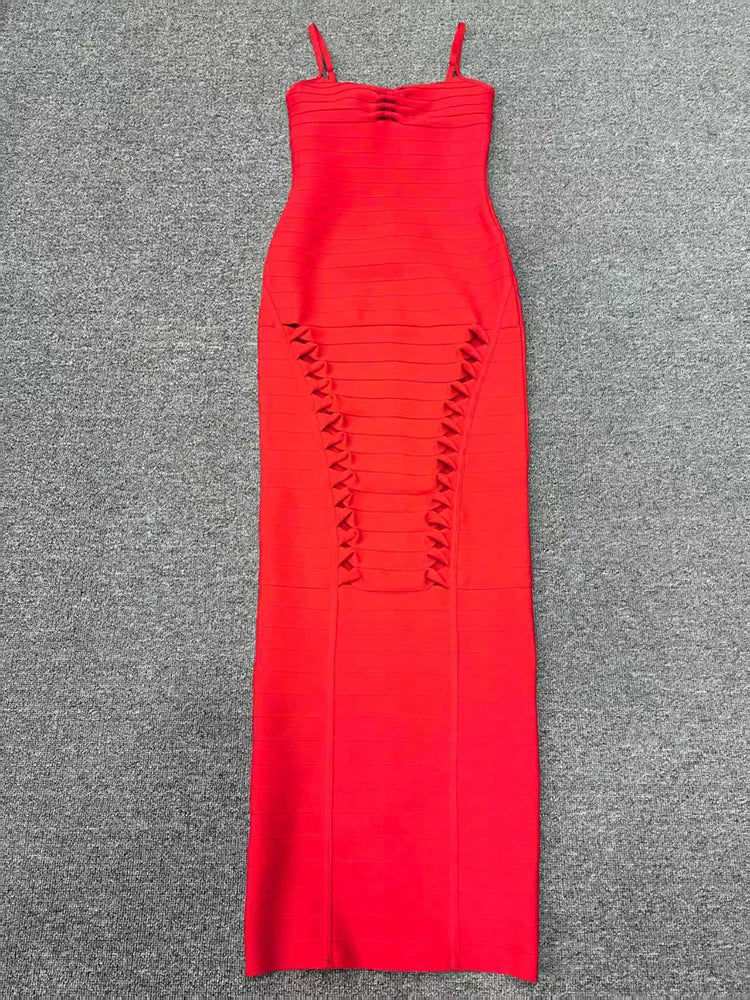 Red dress with a unique design on a gray background