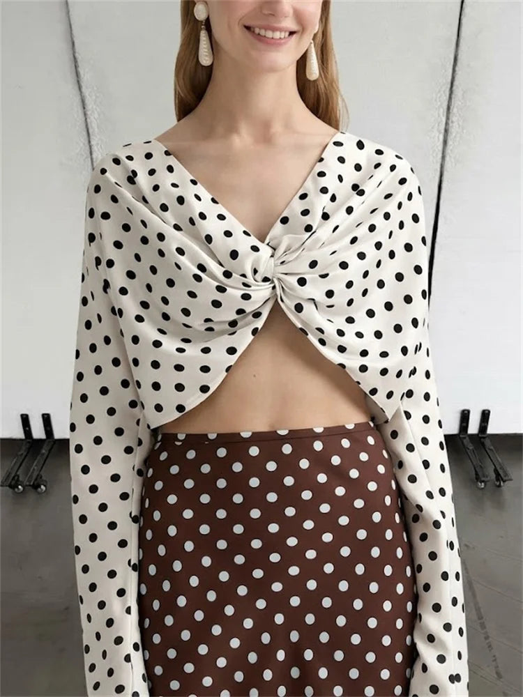 White polka dot twist front crop top with black dots