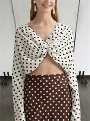 White polka dot twist front crop top with black dots