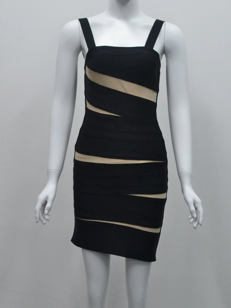 Black dress with beige accents on a mannequin against a gray background