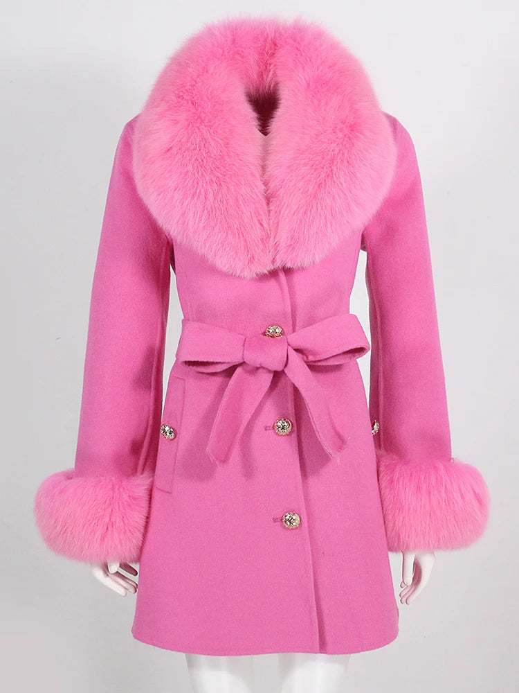 Pink coat with fur collar and cuffs on a white background