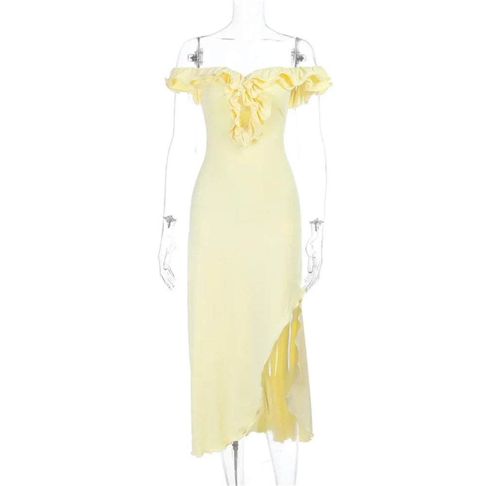 Yellow off-shoulder dress on a mannequin against a white background