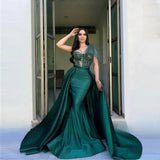 Green Detachable Train One Shoulder Lace Prom Gown