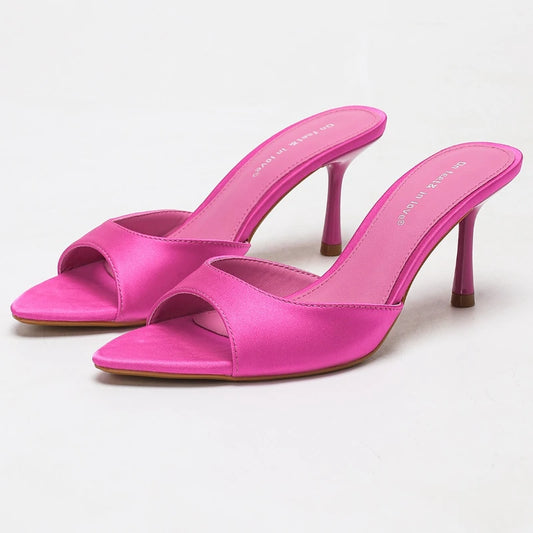 Pink satin pointed toe stiletto mules