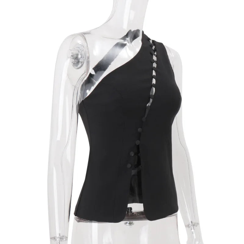 Black sleeveless blazer on a transparent mannequin against a white background