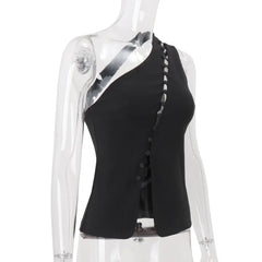 Black sleeveless blazer on a transparent mannequin against a white background