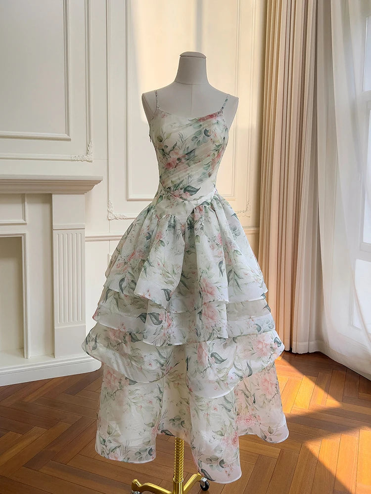 Floral print ruched bodice tiered skirt midi dress front view