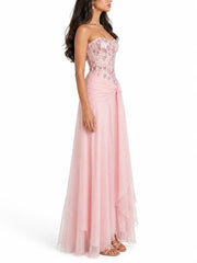 Pink floral corset maxi dress side view