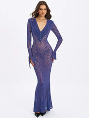 Blue sheer animal-print maxi dress with a deep V-neckline