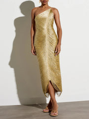 Gold fringe one-shoulder midi dress with draped silhouette
