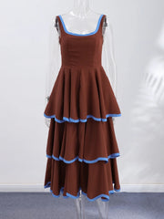 Tiered Contrast Seam Ruffle Trim Sleeveless Maxi Dress