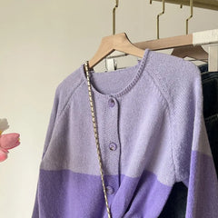 Two-Tone Knit Cardigan | Junior Purple Gray Korean Style