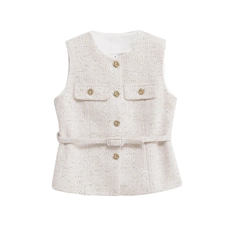 White textured vest with gold buttons on a white background