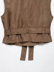 Brown Faux Suede Double Breasted Belted Vest